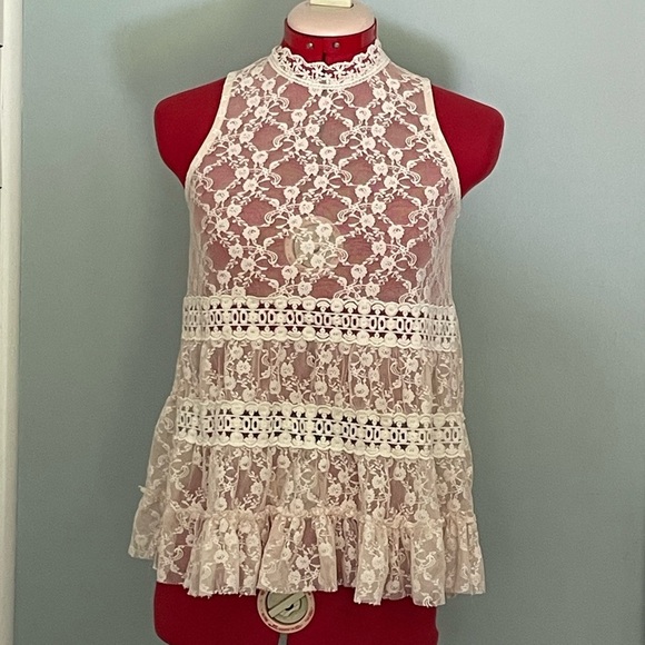 Knit Works Sleeveless Sheer Ivory Lace Boho Top Sz XL - Picture 1 of 8
